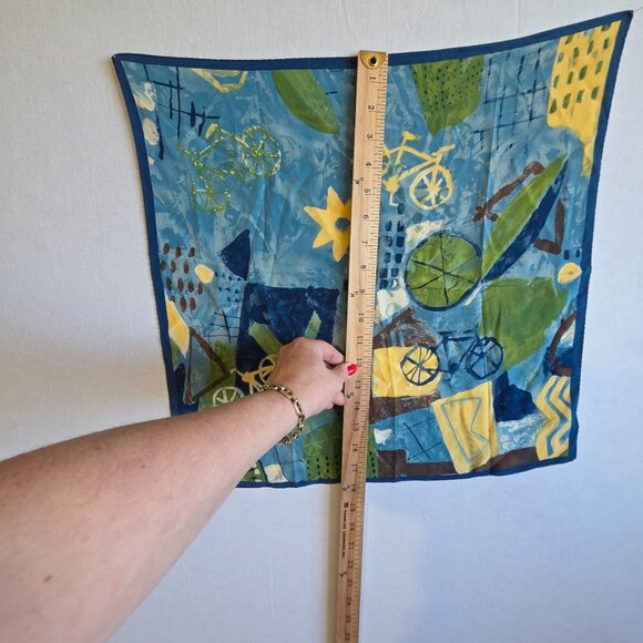 Vintage Silk Scarf Abstract Bicycle & Floral 18" Square Blue/Green Hand Rolled - Picture 3 of 4